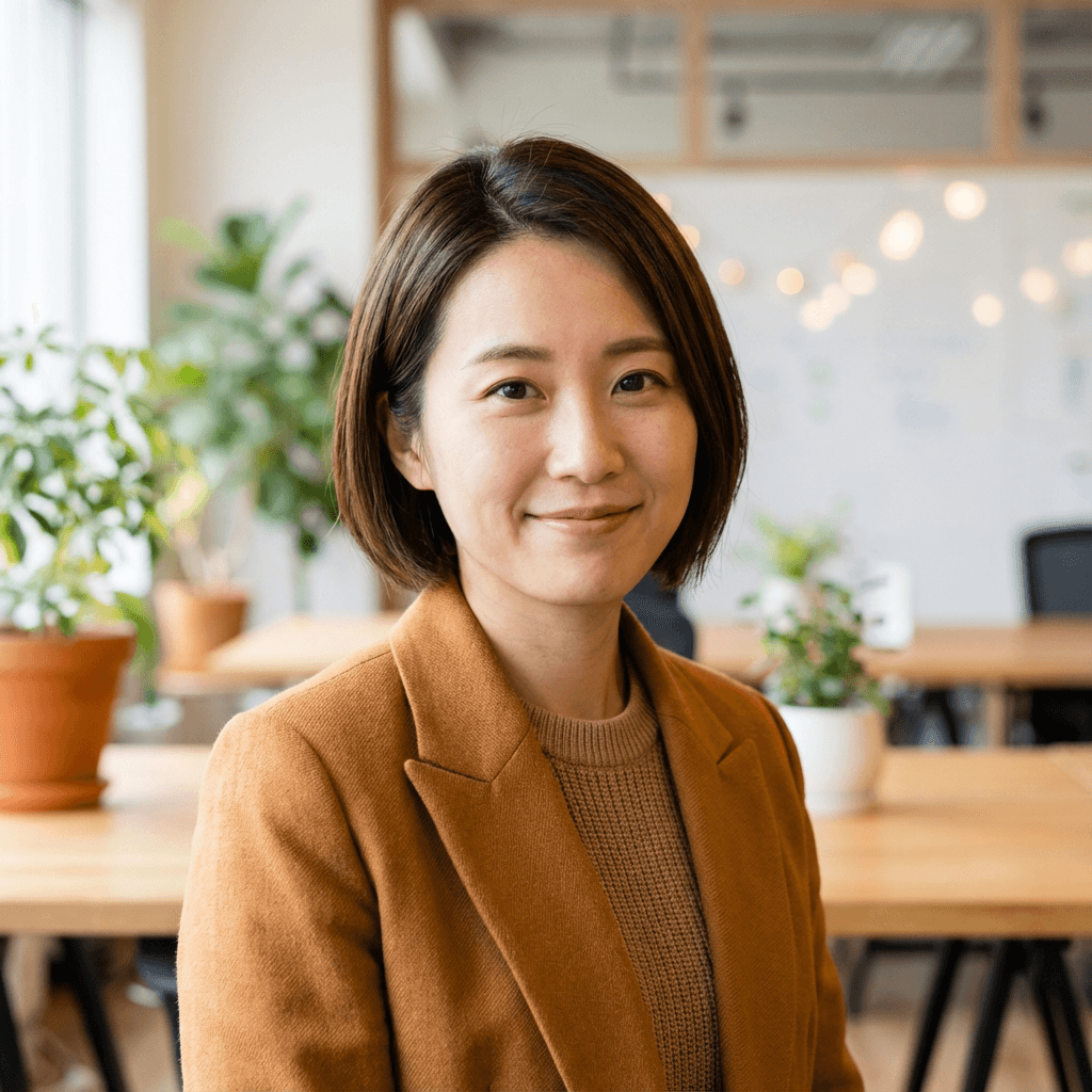 Sarah K. smiling in a bright office environment