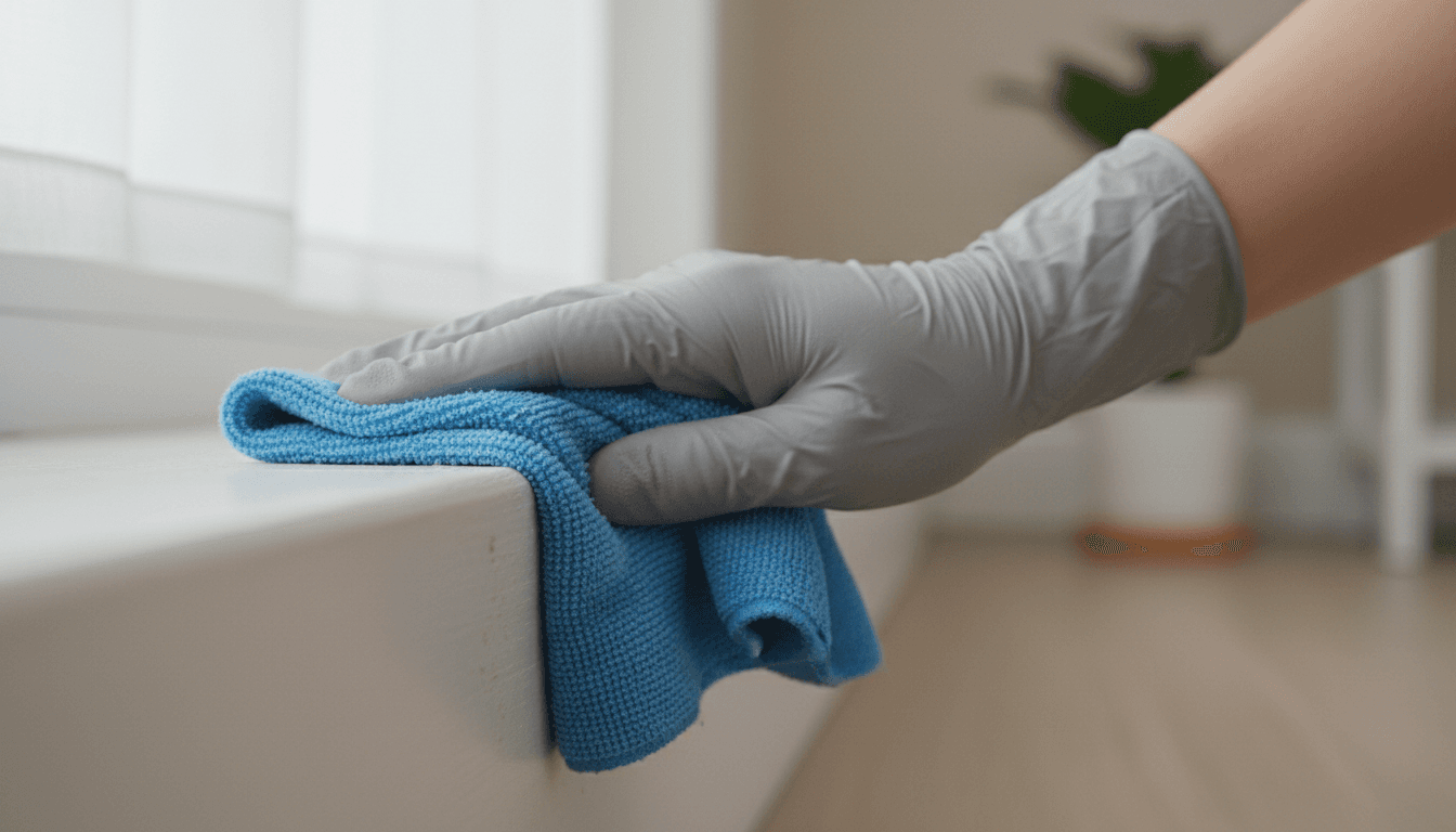 Hand wiping a baseboard with a microfiber cloth