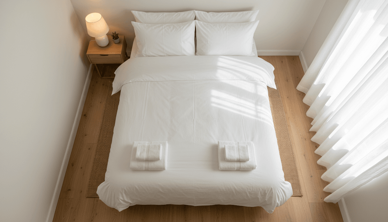 Neatly made guest bed with crisp white linens