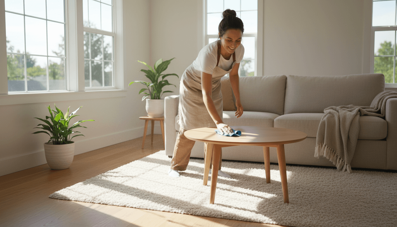 Professional cleaner wiping a wooden coffee table in a sunlit Tacoma living room