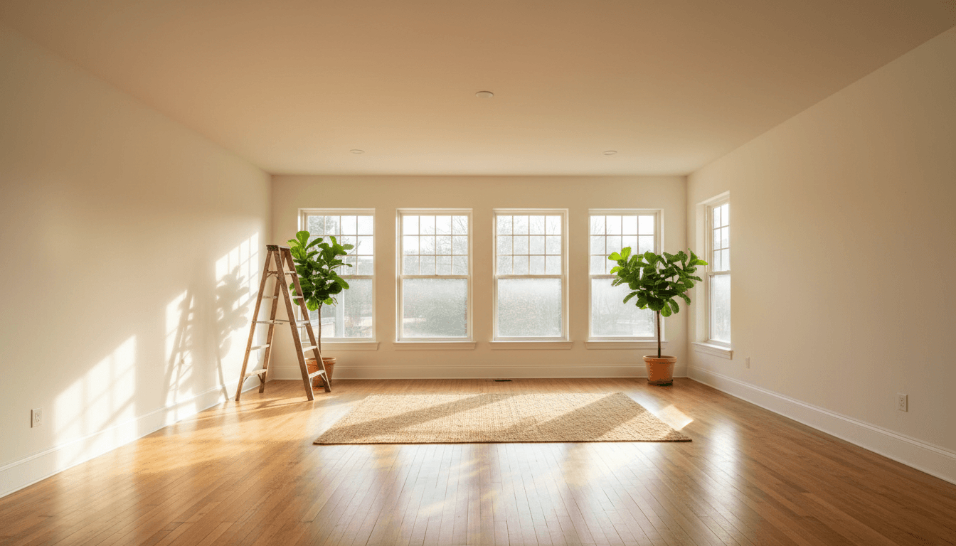 Bright empty living room with clean floors and windows