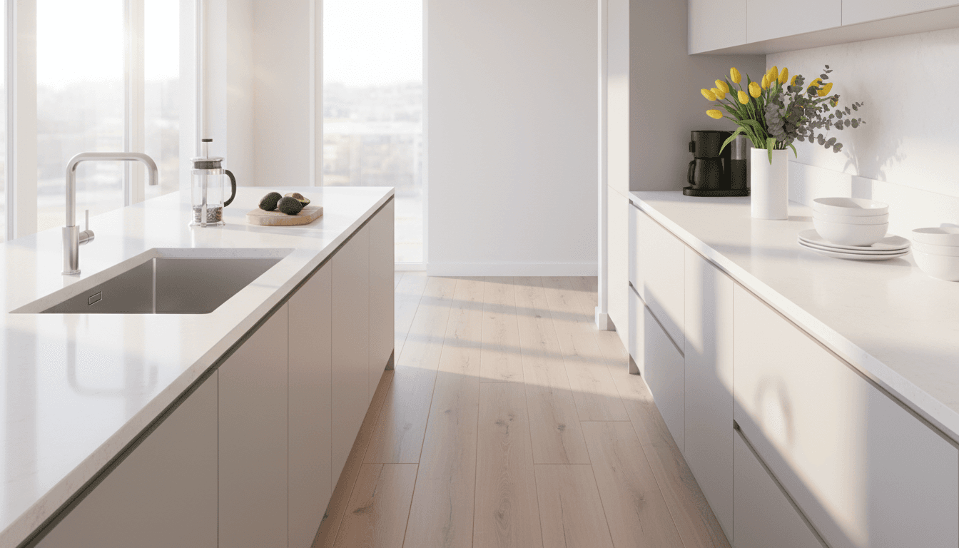 Clean bright kitchen with sunlit countertops and fresh flowers